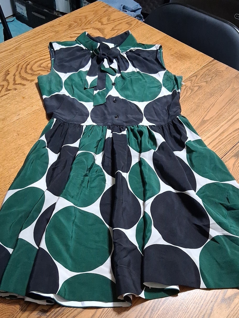 KATE SPADE Womens SILK Dress 6 GREEN BLACK Cocktail Party Used LARGE POLKA DOTS
